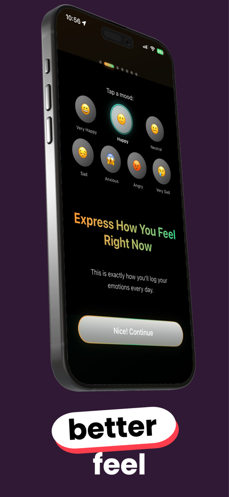 Mood tracker Moodly - Interfaz minimalista de la aplicación Moodly que muestra varias opciones de emoji para rastrear emociones diarias.