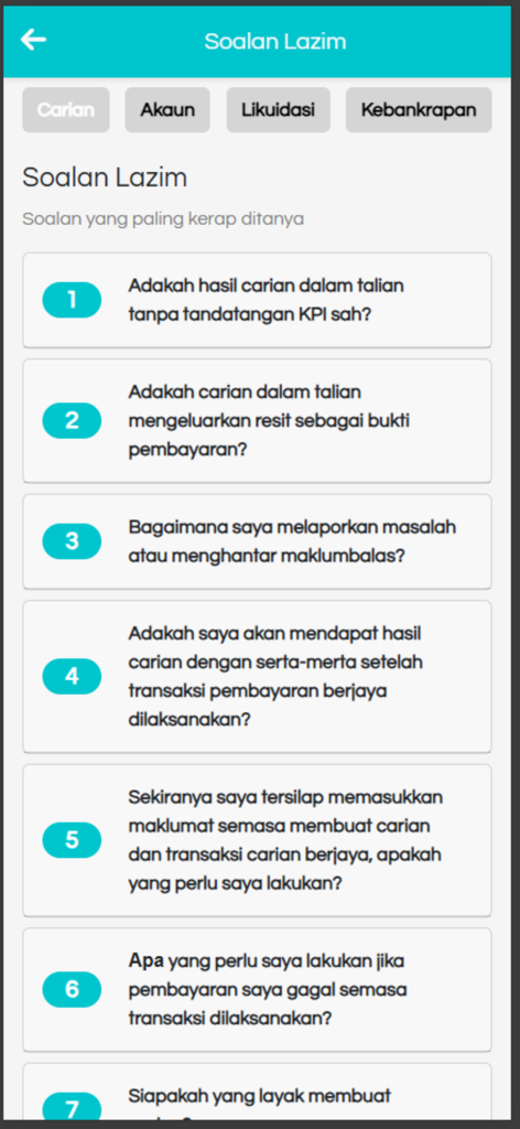 e-Insolvensi - Frequently Asked Questions screen in the e-Insolvensi mobile app for Malaysian insolvency services.
