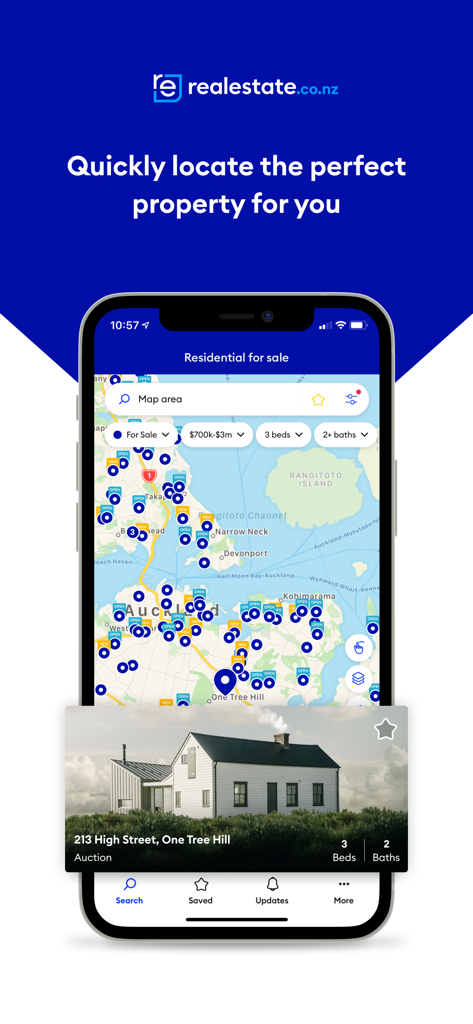 Realestate - The Realestate.co.nz mobile app interface displaying a property map search for residential homes in Auckland.