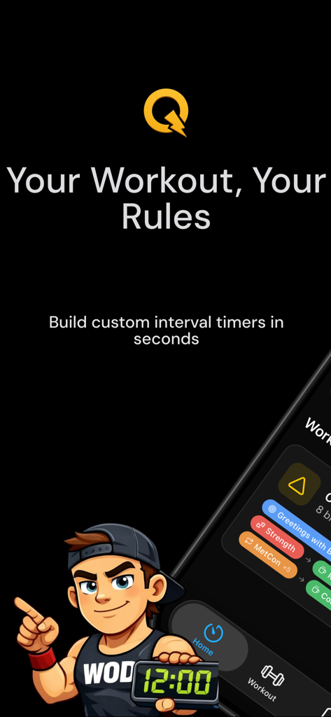 Qrep App-Oberfläche, die Einstellungen für benutzerdefinierte Workout-Timer und ein Maskottchen einer Fitnessfigur zeigt