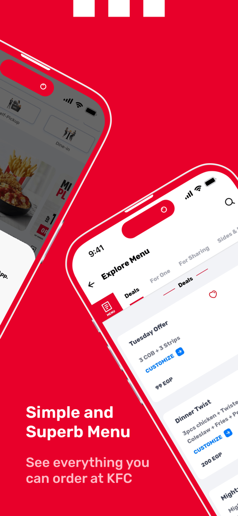 KFC Egypt - Order Food Online - Interfaz móvil de la app KFC Egipto que muestra la sección Explorar menú con ofertas de comida y categorías