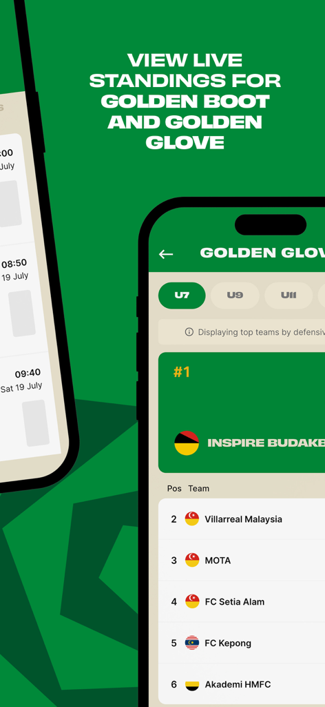 Maxim Cup - Maxim Cup app interface showing live standings for the Golden Glove award in youth football tournaments.
