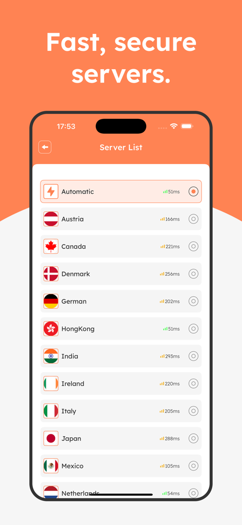 VPN - Super Turbo VPN Proxy - Server selection screen in the Super Turbo VPN Proxy app showing various global locations and latency times