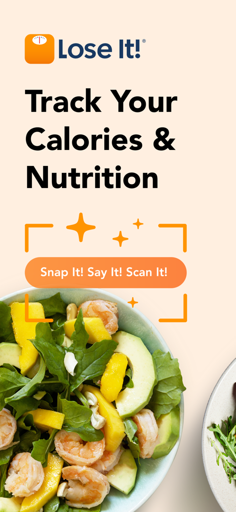 Lose It! app screen displaying food tracking features and a healthy salad meal.