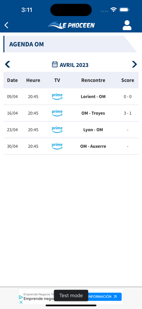 Le Phoceen app match schedule for Olympique de Marseille showing dates and scores