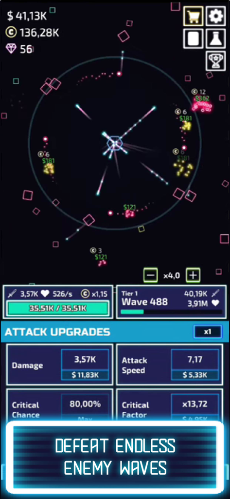 Gameplay di The Tower Idle Tower Defense con potenziamenti di attacco e ondate di nemici.