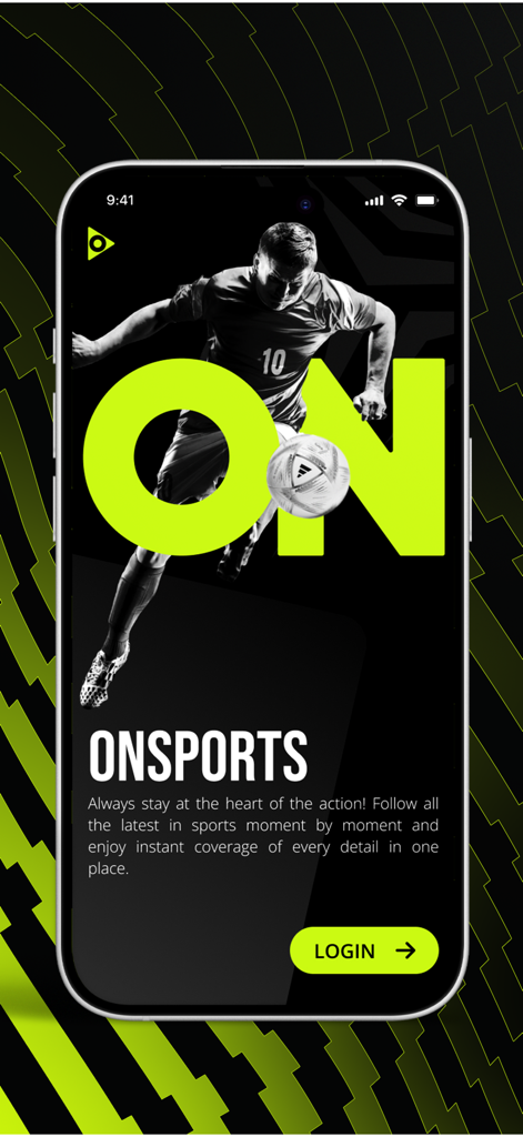ON Sport mobile app splash screen featuring a soccer player and a login button