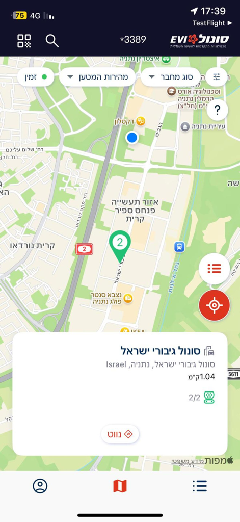 Map interface of Sonol EVI app displaying available electric vehicle charging stations and location details
