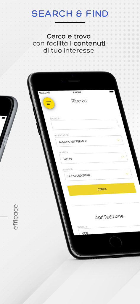GDB replica - Schermata di ricerca dell'app mobile GDB replica per trovare contenuti di giornali archiviati.