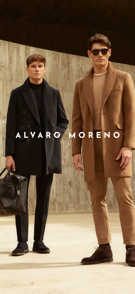 Alvaro Moreno - Two men modeling elegant overcoats and professional menswear from the Alvaro Moreno app