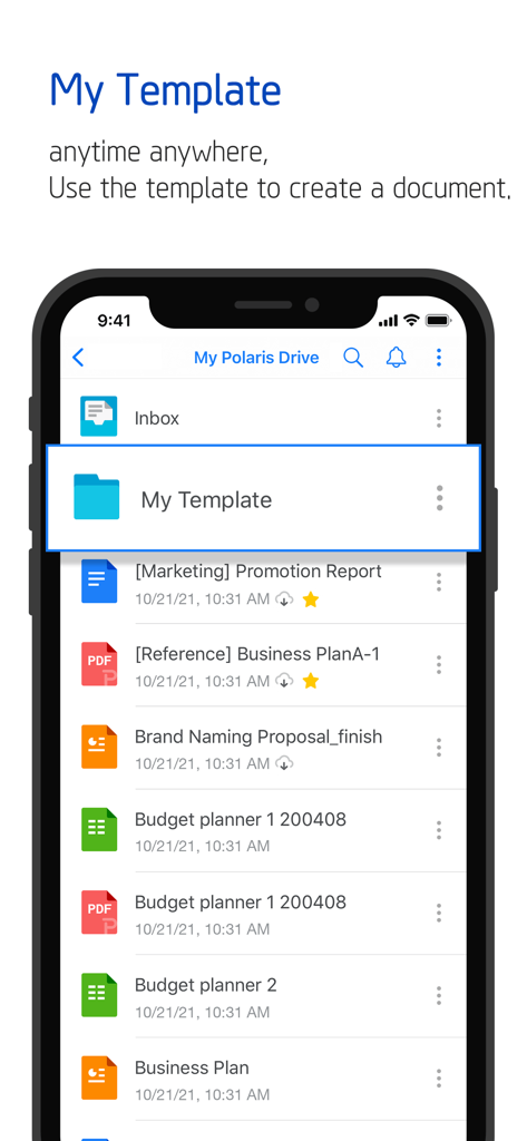 Polaris Office app showing document list and custom templates folder on a mobile screen