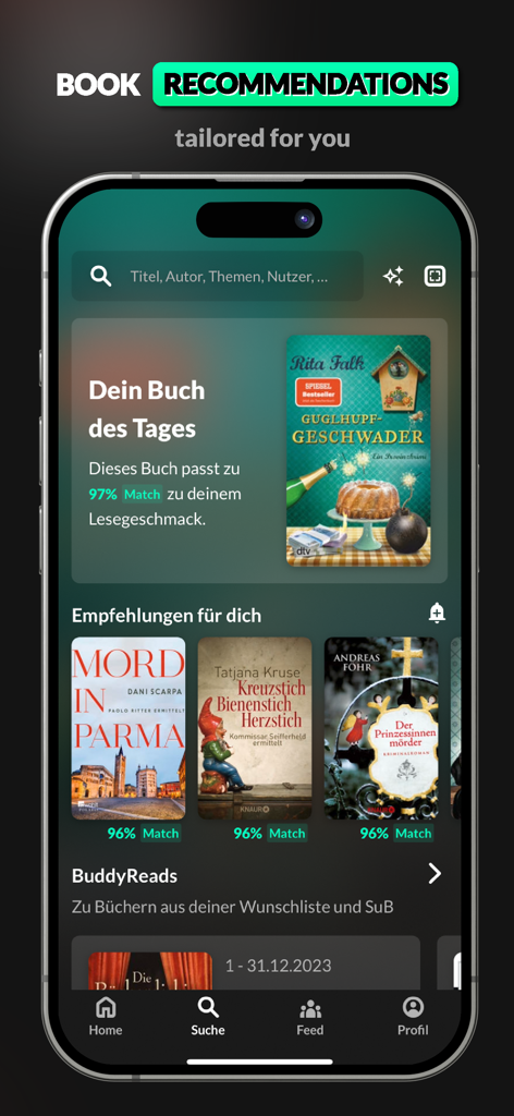 READO - All About Books - A mobile interface for the READO app displaying personalized book recommendations with percentage match scores.