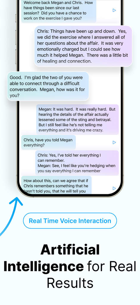CoupleWork: AI Couples Therapy - A mobile interface showing a real-time conversation between a couple and an AI relationship coach.