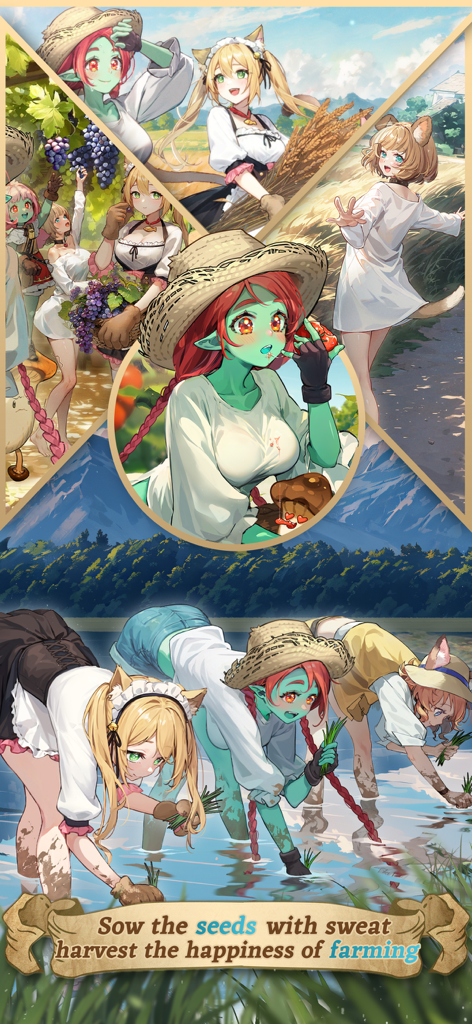 Garotas de anime colhendo plantações e plantando arroz no jogo Isekai Slow Life