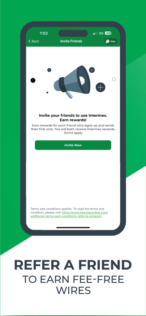 Pantalla de la app Intermex para invitar amigos y ganar transferencias sin comisión