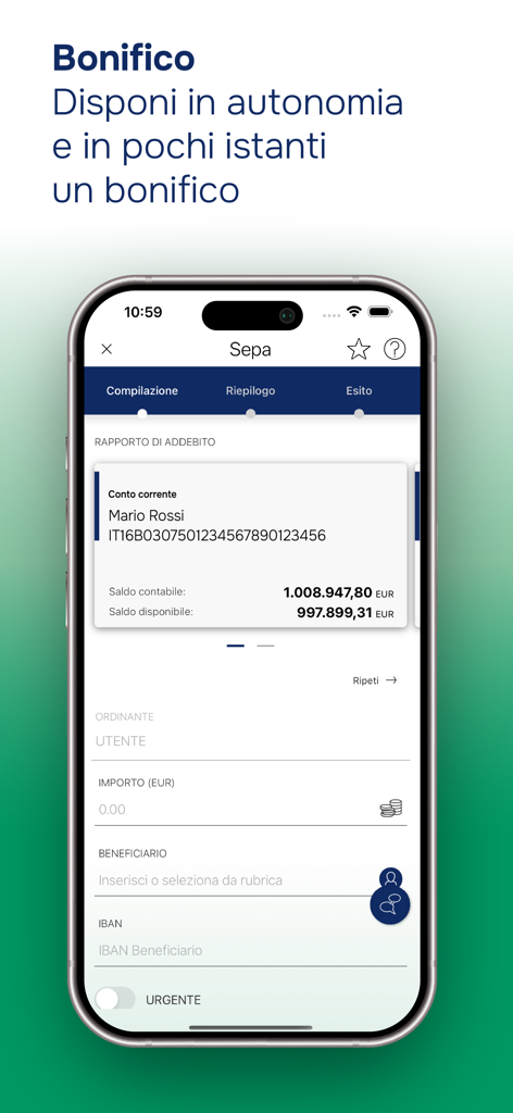 BAPS@MOBILE - Interfaccia mobile dell'app BAPS MOBILE per effettuare un bonifico bancario SEPA.