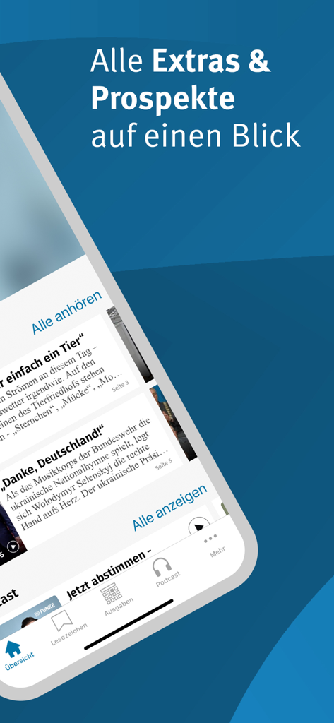 WP E-Paper - Interface do aplicativo WP E-Paper exibindo extras de notícias e brochuras