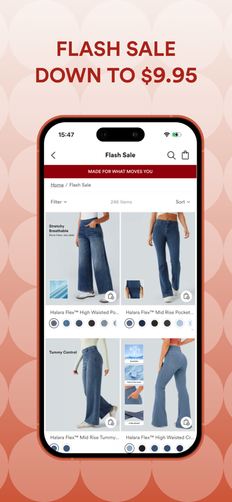 Halara app screen showing a flash sale with prices down to 9.95 dollars featuring various styles of stretchy denim pants.