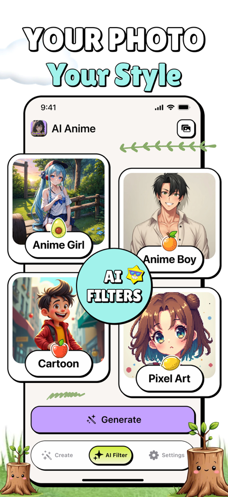 Anime Art: AI Photo Generator - Interface of the Anime Art AI app displaying different filter options like Anime Girl Anime Boy Cartoon and Pixel Art