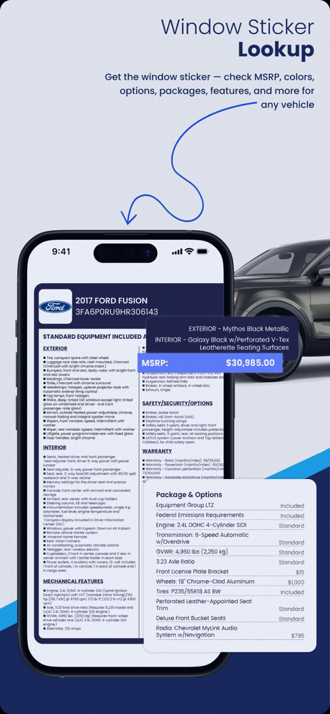 Interface de aplicativo móvel exibindo uma etiqueta de janela Ford Fusion 2017 com MSRP original e especificações do veículo