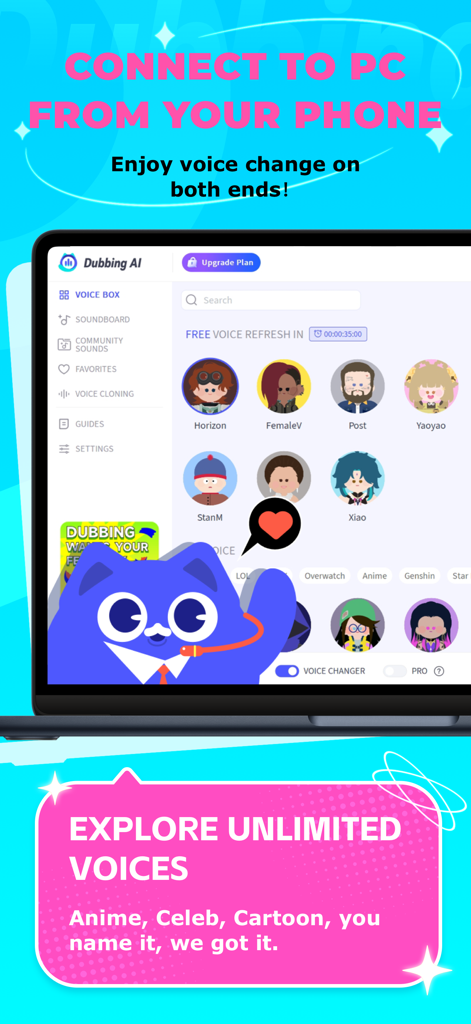 Dubbing AI - AI Voice Changer - Interface do aplicativo Dubbing AI mostrando a conexão entre telefone e PC com uma biblioteca de vozes de anime e celebridades