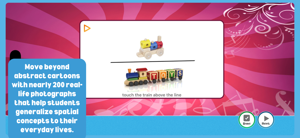 장난감 기차의 실제 사진을 사용하여 공간 개념을 가르치는 레슨을 보여주는 Preposition Remix 앱 화면.