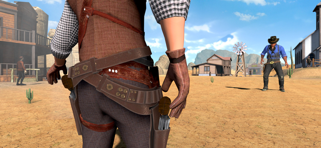 A cowboy reaching for his revolver during a standoff in a desert town.
