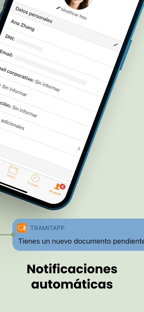 TramitApp Empleado - Smartphone screen displaying TramitApp automatic notifications for pending documents and an employee profile interface.