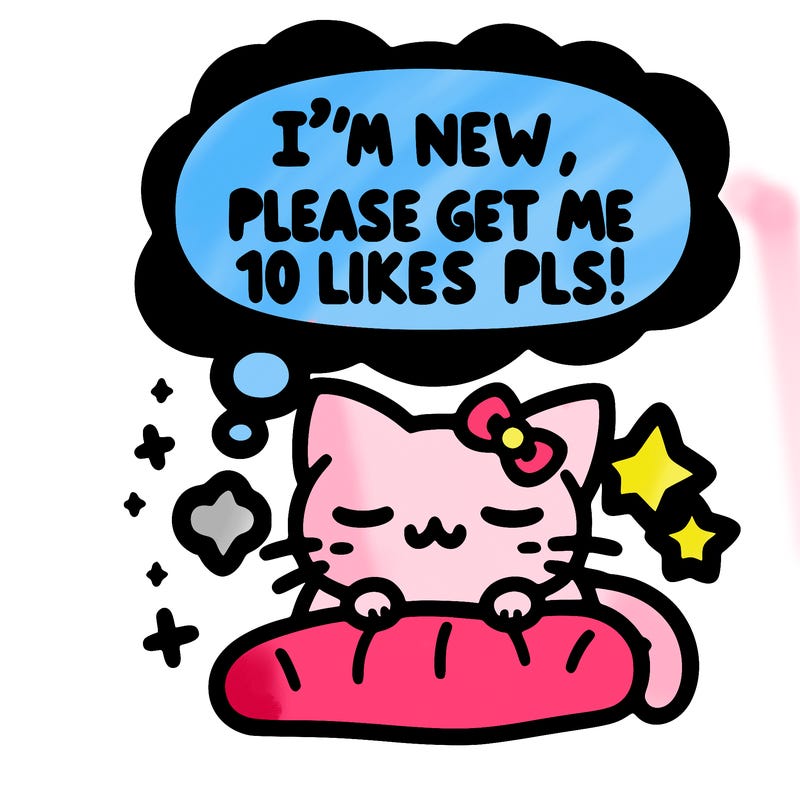 kitty taking a nap dream talking and saying "i'm new, please get me at least 10 likes pls!!"