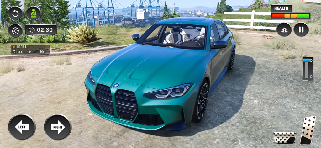 Gameplay-Bildschirm des US Car Driving Simulator Spiels mit einem türkisfarbenen Luxus-Sportwagen und mobilen Fahrsteuerungselementen