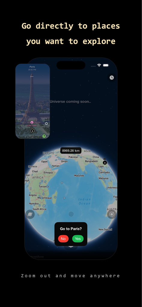 Mobile app screen for Fancian displaying a 3D globe and a prompt to travel to Paris