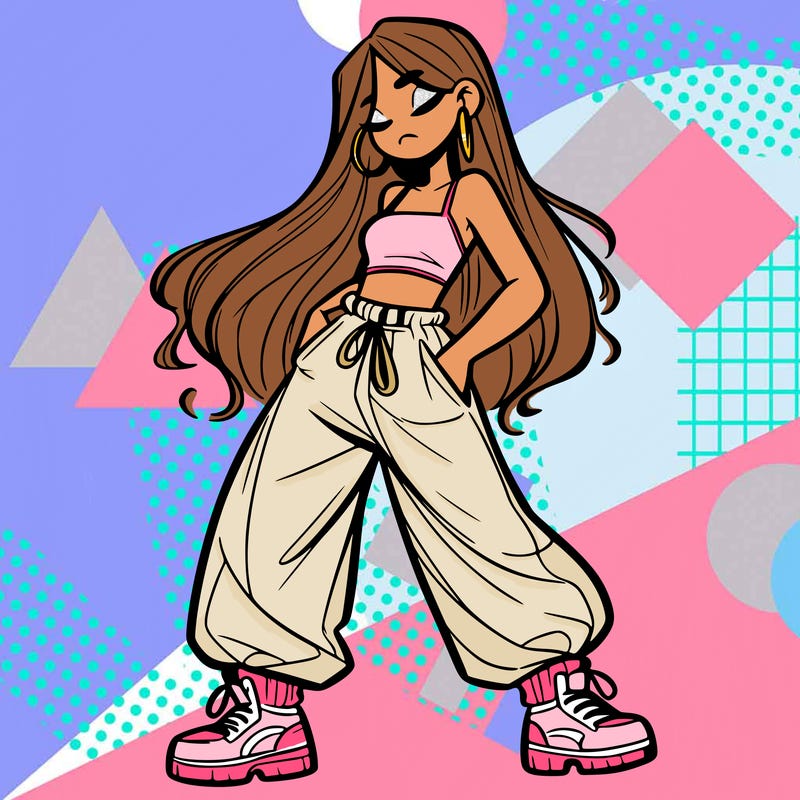 girl in baggy pants crop top and long hair