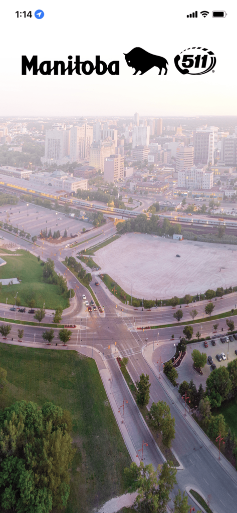 Splash screen of the 511 Manitoba app displaying the provincial logo and an aerial view of Winnipeg roads
