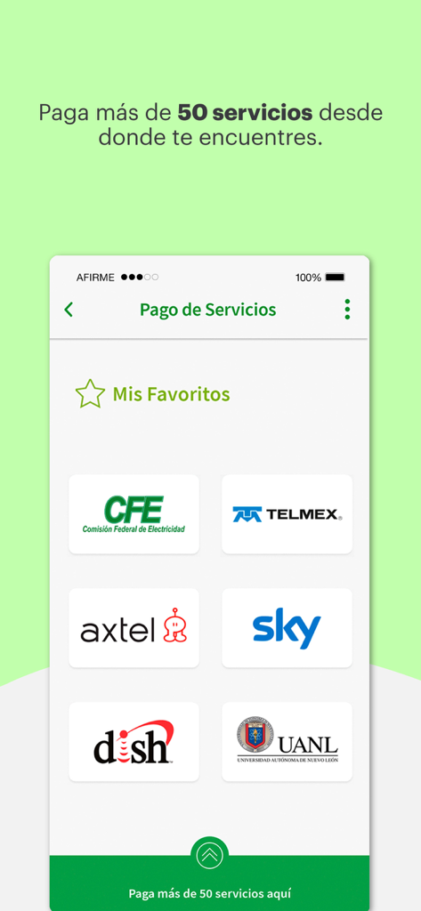 Interfaz de Afirme Movil que muestra opciones para pagar servicios mexicanos, incluyendo CFE Telmex Sky y Dish