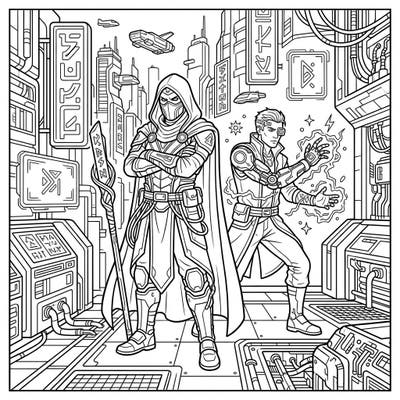 Step into a realm where ancient magic meets futuristic technology with this unique Dark Wizards Cyberpunk coloring page. Explore a detailed urban landscape filled with enigmatic mages and high-tech wonders, perfect for adult and teen colorists.