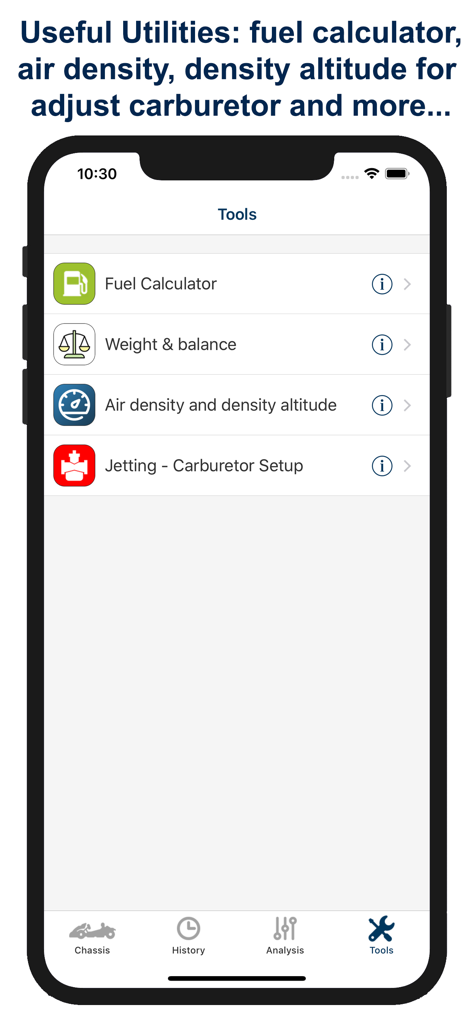 Kart Chassis Setup PRO app interface showing utility tools like fuel calculator and carburetor setup.