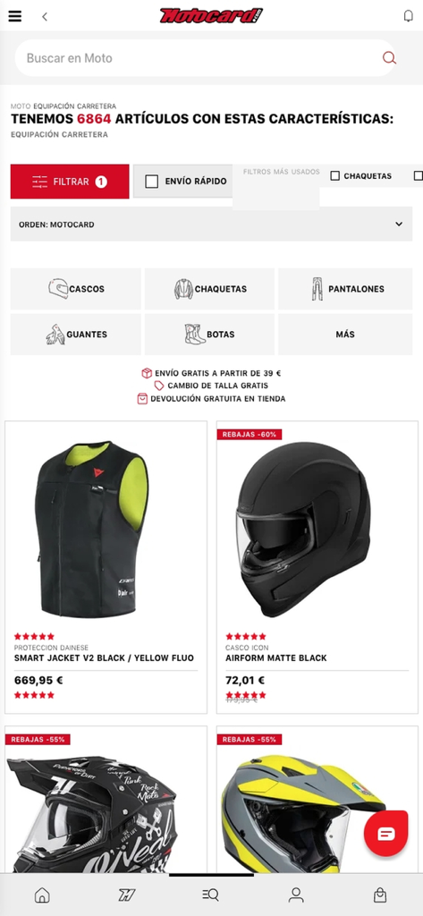 Motocard mobile app screen showing a catalog of motorcycle gear including helmets and a Dainese smart jacket