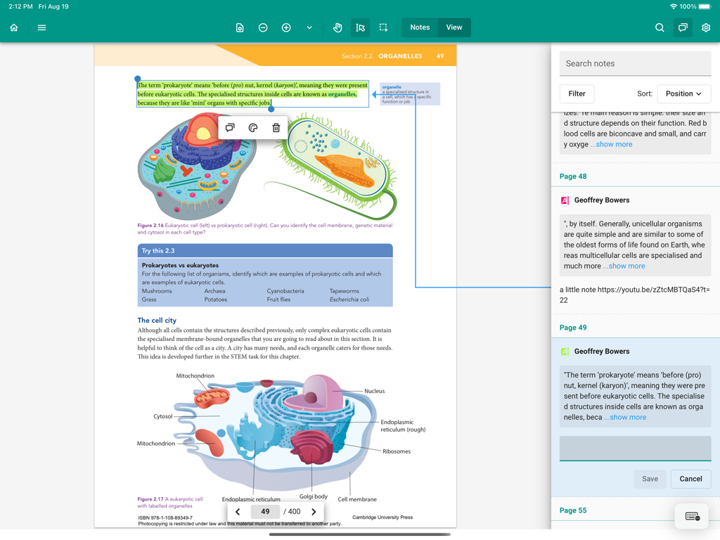 Box of Books Reader - Box of Books Reader app on iPad showing biology textbook content with highlights and side panel notes