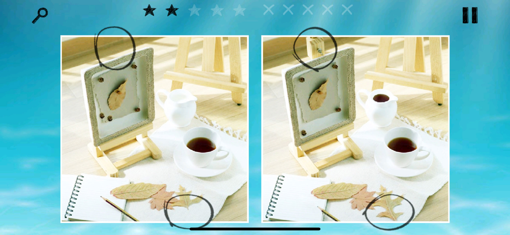 Gameplay screen of Spot the difference showing two side-by-side images of tea and autumn leaves