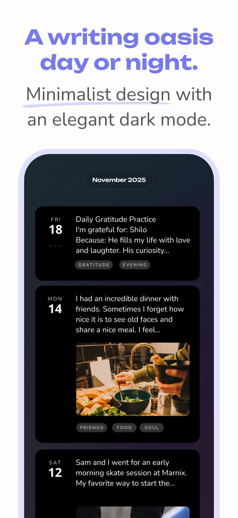 Reflection AI Journal interface in dark mode showing chronological entries with photos and text tags