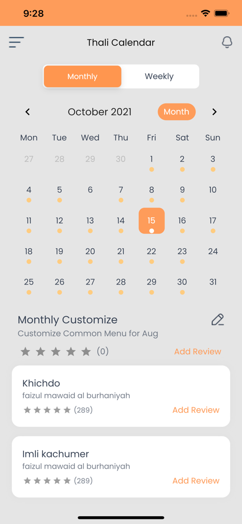 FMB and JMS Application - FMB app Thali Calendar screen displaying a monthly meal schedule and food menu items with ratings