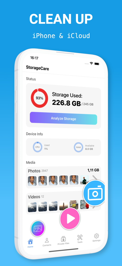 AI Cleaner—Clean Phone Storage - AI Cleaner dashboard showing phone storage usage and media analysis options for iPhone and iCloud