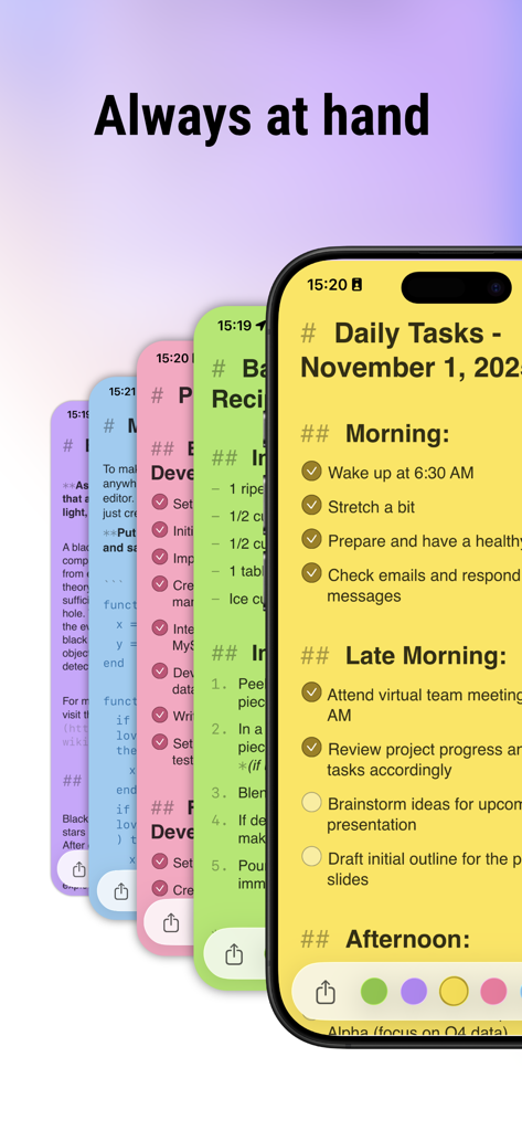 FiveNotes Mobile - Interface of FiveNotes Mobile app showing five overlapping color-coded notes with task lists and text.