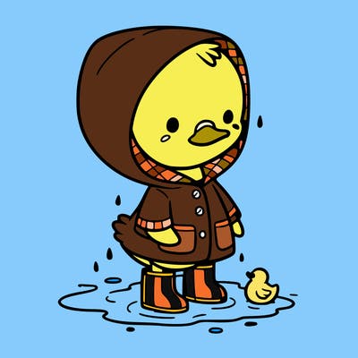 baby duck in a rain coat and boots, in a puddle while it’s raining