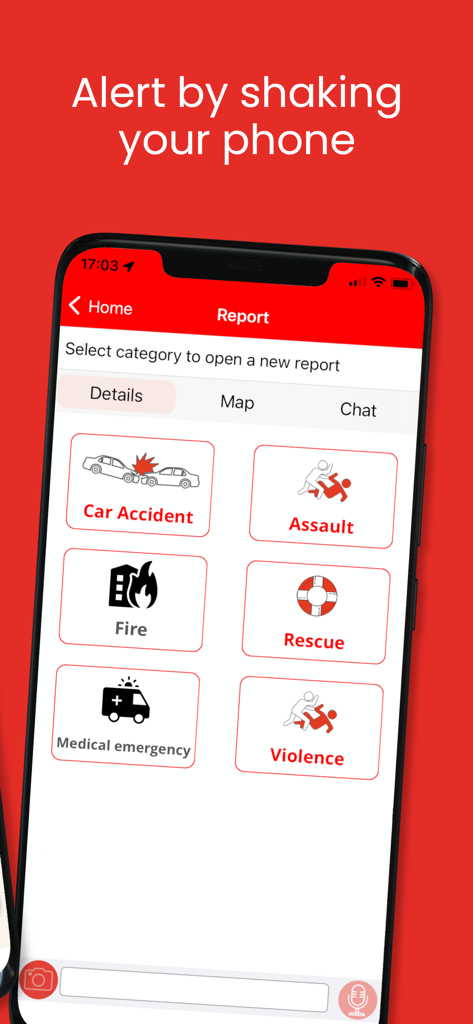 SayVU Personal & Public Safety - SayVU personal safety app interface for reporting emergencies like accidents or assault