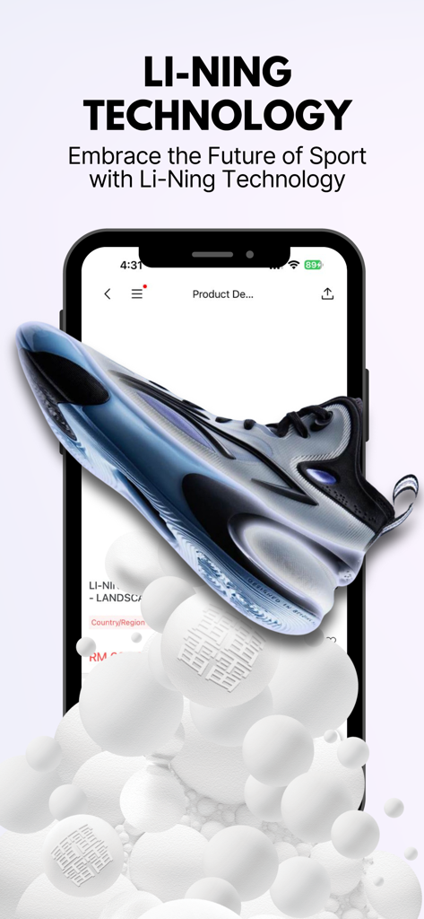 Una zapatilla de rendimiento Li-Ning futurista mostrada en un smartphone con la marca Li-Ning Technology