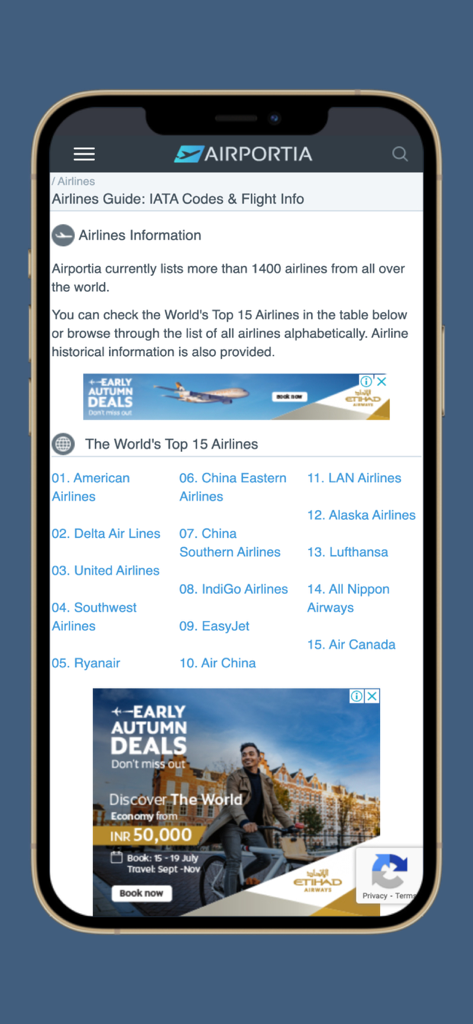 Interface do aplicativo Airportia mostrando a lista das 15 principais companhias aéreas do mundo e um guia de informações de voo.