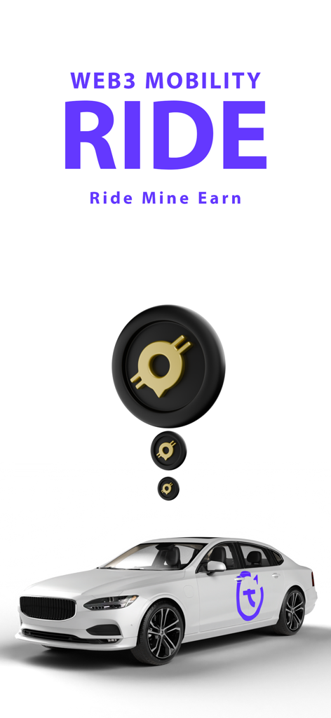 TripPicker:Web3 Mobility - TripPicker Web3 Mobility promo screen showing a car and Tripper coins with the text Ride Mine Earn