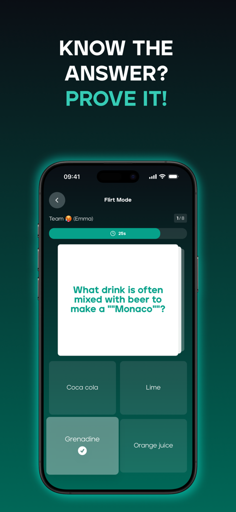 Schermata mobile dell'app Drinquiz che mostra una domanda di trivia sui cocktail in modalità Flirt.