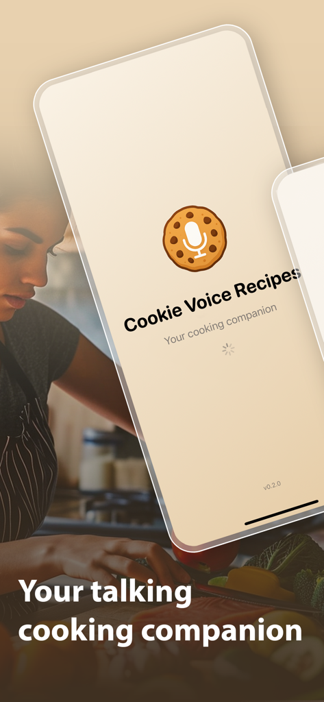 Cookie Voice Recipes - Pantalla de presentación de la aplicación Cookie Voice Recipes que muestra un icono de cookie con un micrófono